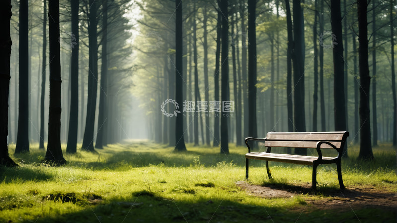 高清大图下载【趣麦麦图】森林中长椅沐浴阳光场景