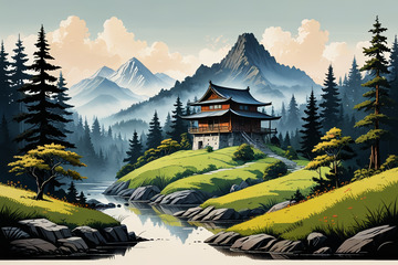 山林间中式古建筑风景