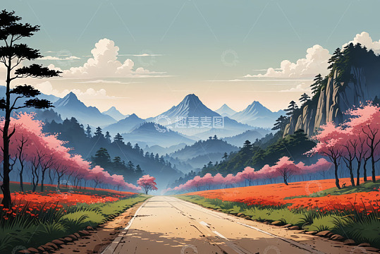 山间开满花的道路风景