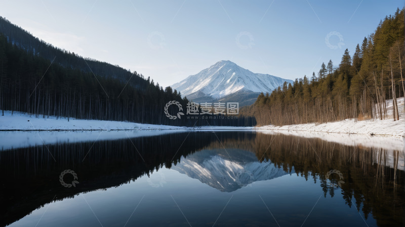 高清大图下载【趣麦麦图】雪覆山林环绕的平静湖泊