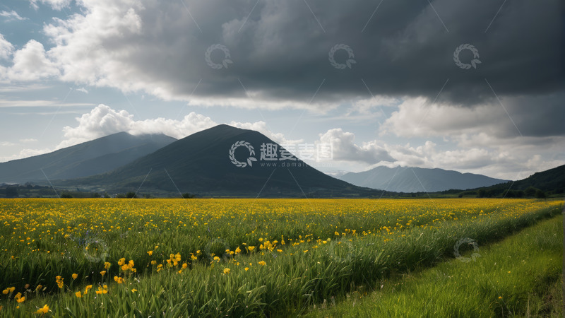 高清大图下载【趣麦麦图】山间黄色花海与远山风景