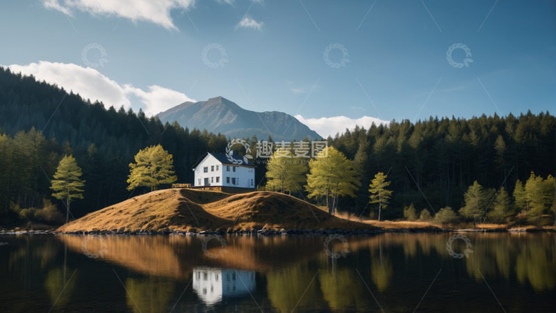 高清大图下载【趣麦麦图】湖畔山林中的白色小屋