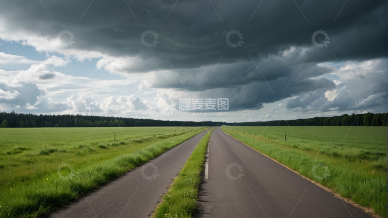 高清大图下载【趣麦麦图】草原中延伸的道路与阴沉天空