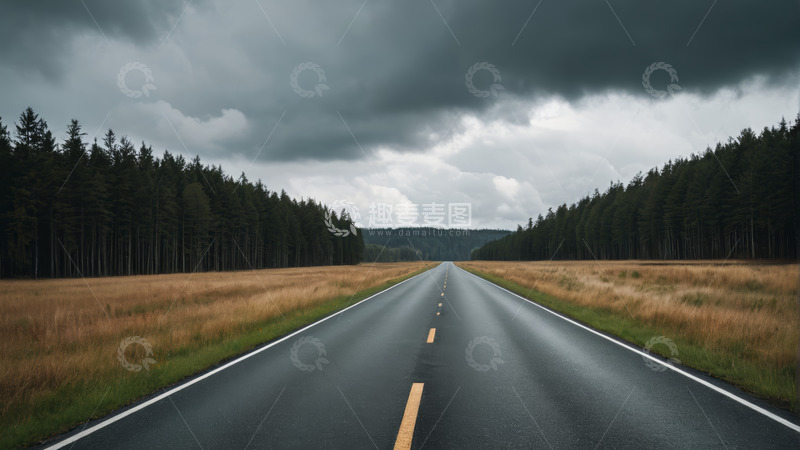 高清大图下载【趣麦麦图】-林间道路与阴沉天空景象