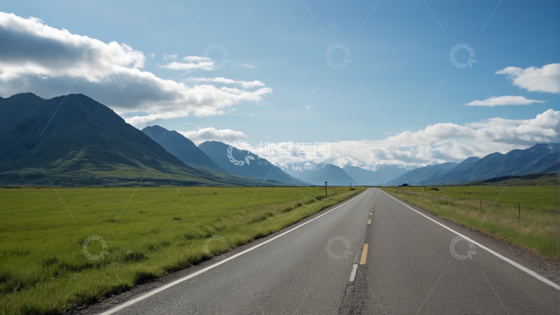 高清大图下载【趣麦麦图】公路旁绿色草地与远处山脉景观