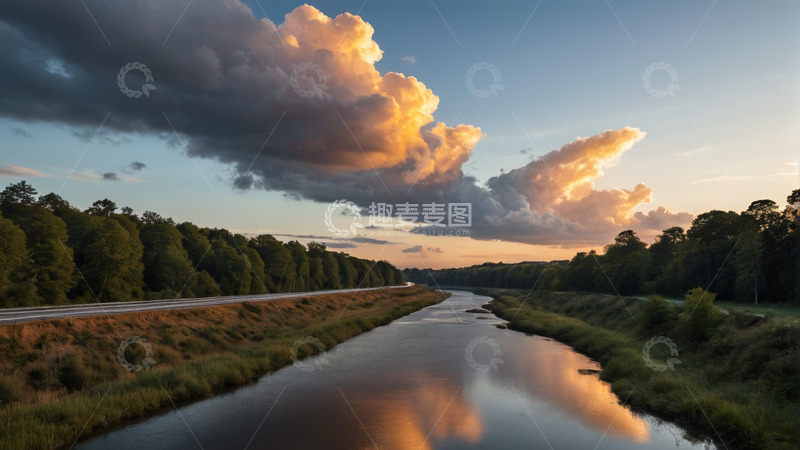 高清大图下载【趣麦麦图】河畔公路黄昏自然风光