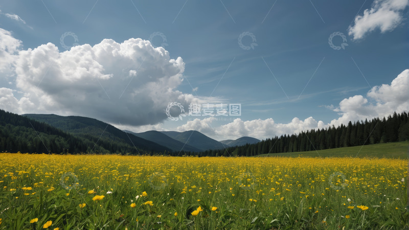 高清大图下载【趣麦麦图】户外黄色花海与远山景观