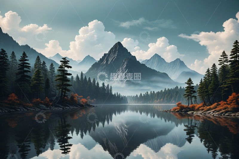 高清大图下载【趣麦麦图】山林湖泊自然风光全景