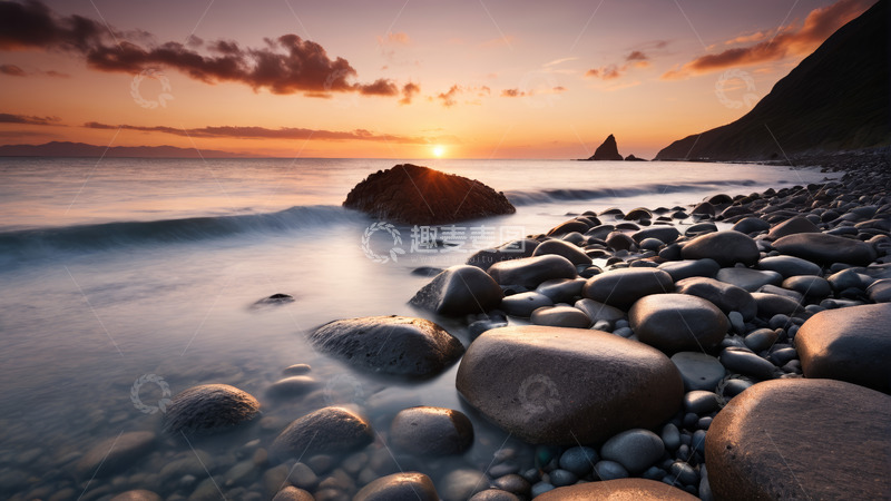 高清大图下载【趣麦麦图】海边落日海滩鹅卵石风景