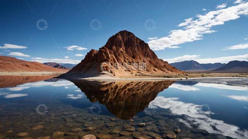 高清大图下载【趣麦麦图】沙漠湖泊旁的红色山体景观