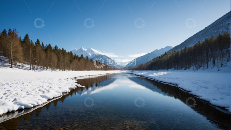 高清大图下载【趣麦麦图】雪山下河流雪景风光