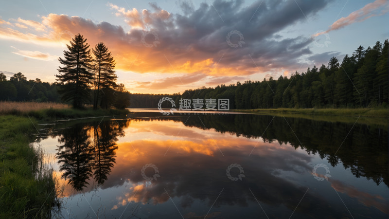 高清大图下载【趣麦麦图】湖畔森林日落自然风光