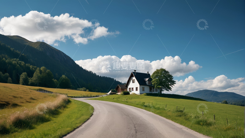 高清大图下载【趣麦麦图】山间公路旁的田园小屋