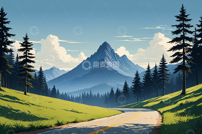 高清大图下载【趣麦麦图】山间公路旁的森林与远山景观