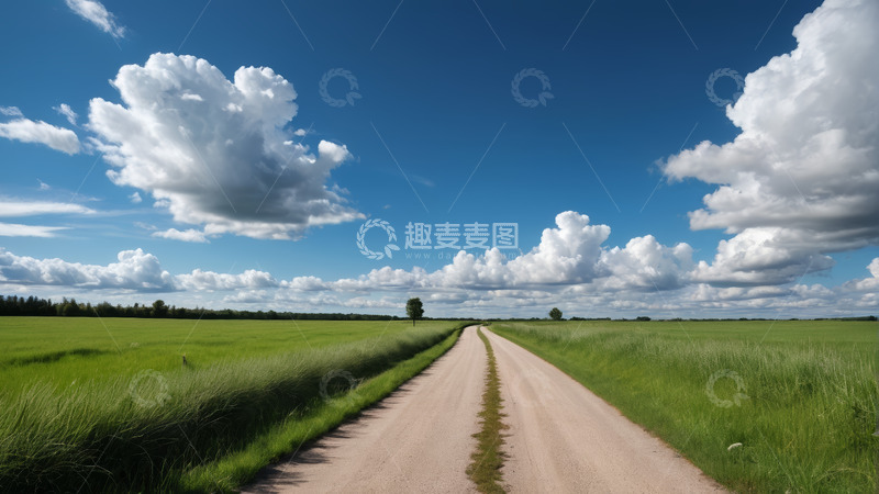 高清大图下载【趣麦麦图】田野间的乡间小路与蓝天白云