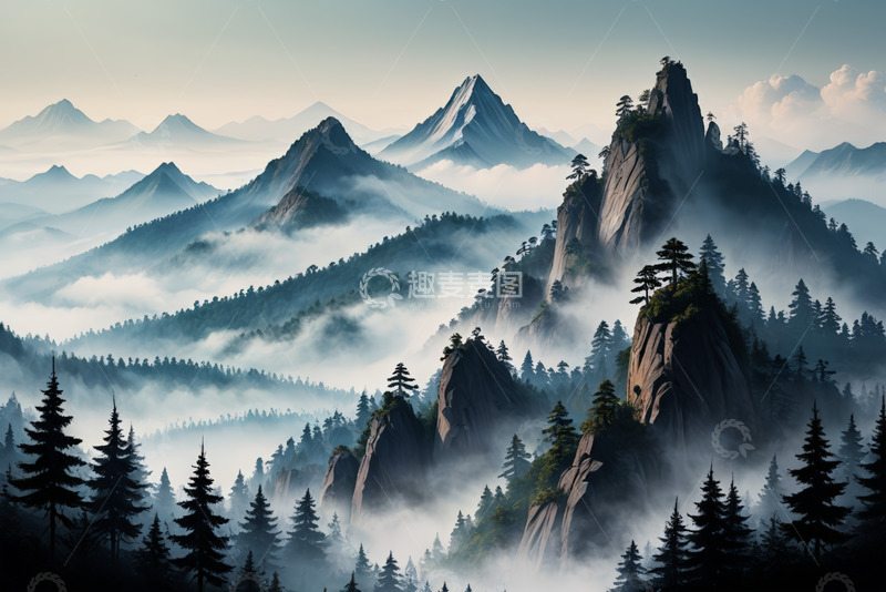 高清大图下载【趣麦麦图】山间云雾缭绕的森林景观