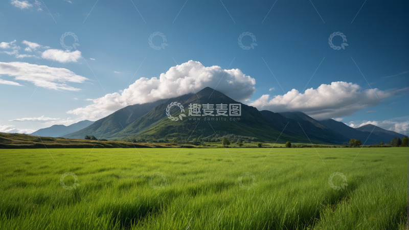 高清大图下载【趣麦麦图】草原上的青山与蓝天白云