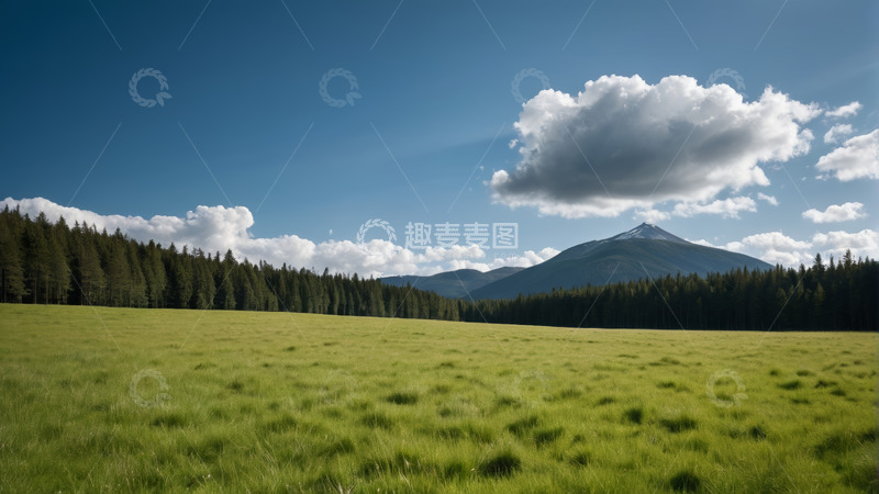 高清大图下载【趣麦麦图】草原森林与远山蓝天白云景色