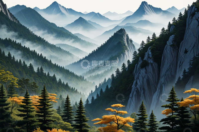 高清大图下载【趣麦麦图】山林间云雾缭绕的自然风光