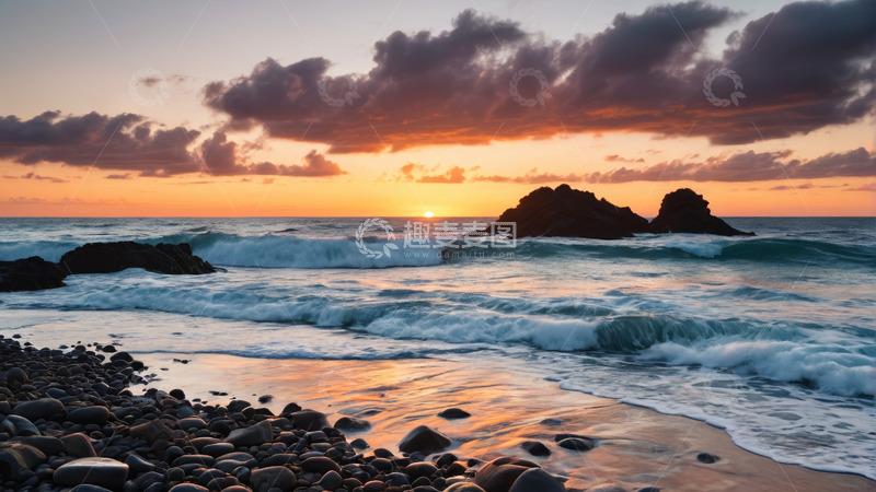高清大图下载【趣麦麦图】海岸日落海浪与礁石景象