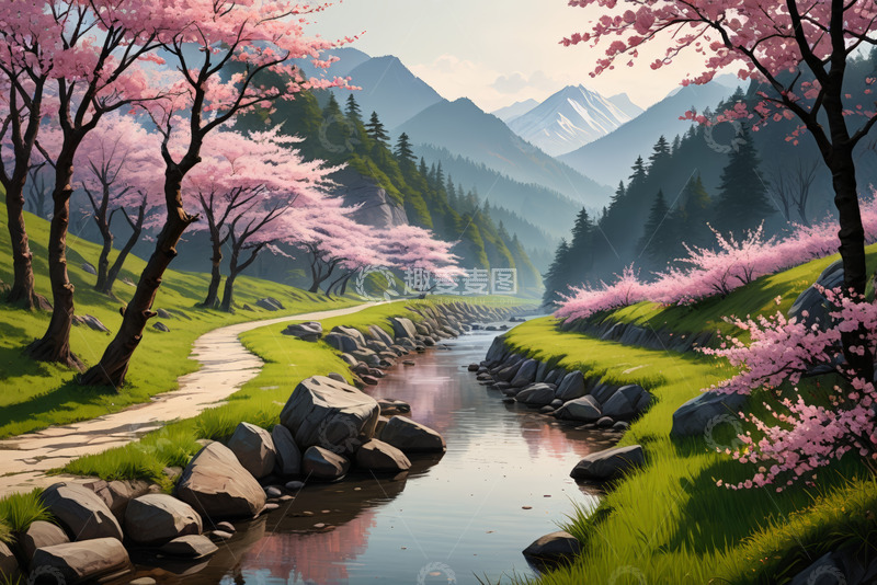 高清大图下载【趣麦麦图】春日山间溪流旁的樱花风景