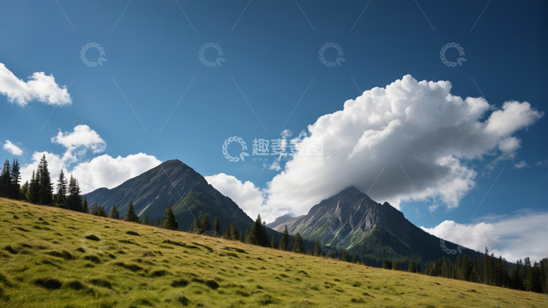 高清大图下载【趣麦麦图】蓝天白云下的高山草甸风光