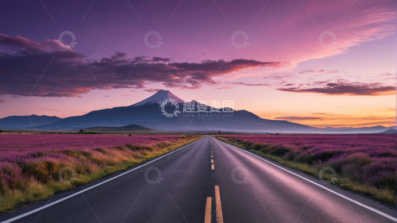 高清大图下载【趣麦麦图】公路尽头的雪山与紫色花海
