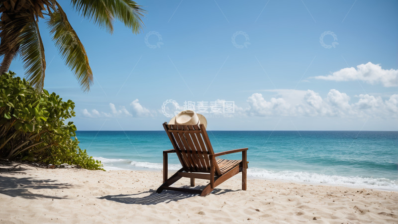 高清大图下载【趣麦麦图】海滩上的休闲躺椅与海景