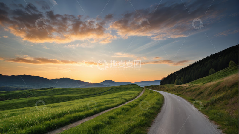 高清大图下载【趣麦麦图】乡村田野间的蜿蜒道路与日落