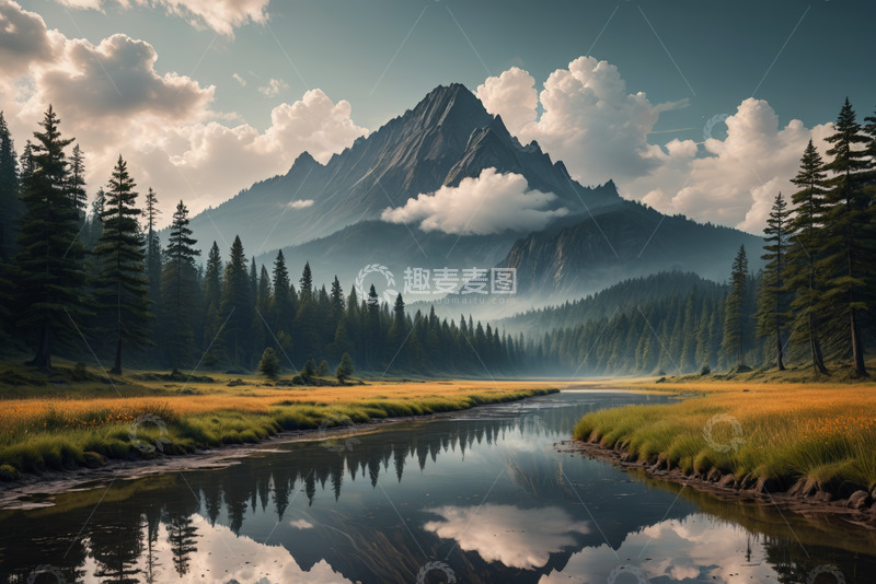 高清大图下载【趣麦麦图】山林间河流与云雾缭绕的山峰