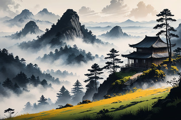 古风山水间的中式建筑景观