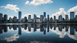 城市高楼临湖全景