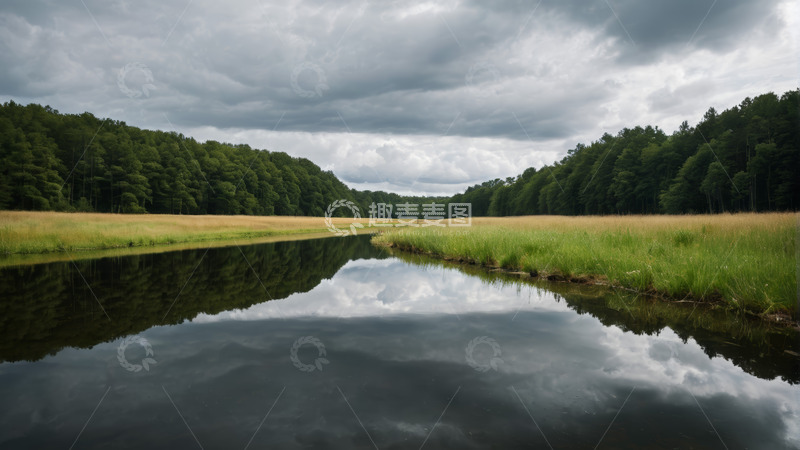 高清大图下载【趣麦麦图】森林旁水域自然风光