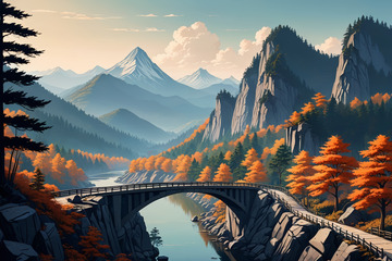 秋日山间桥梁自然风光