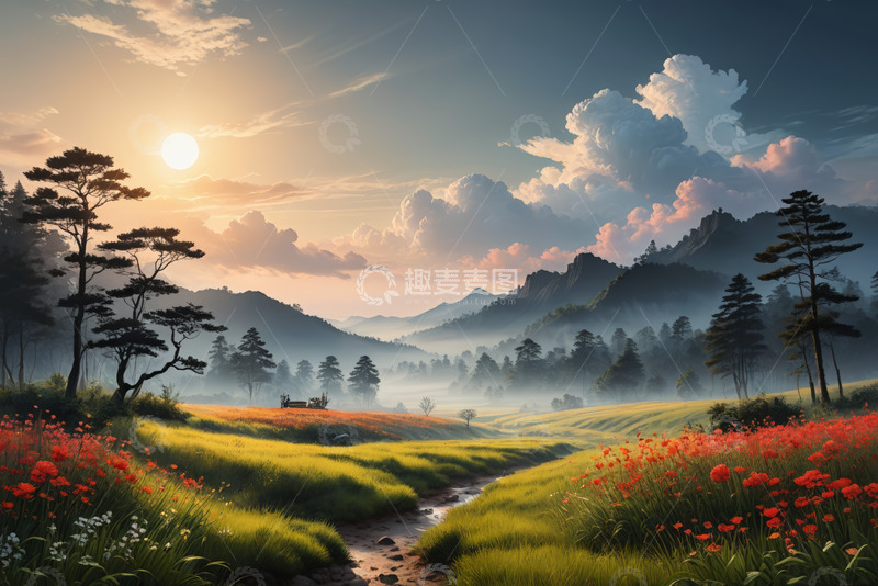 高清大图下载【趣麦麦图】山间田野日出自然风光