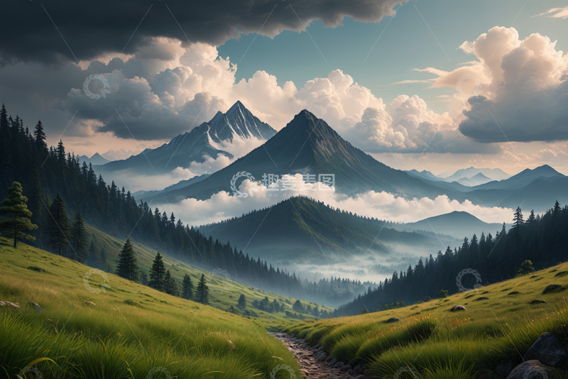 高清大图下载【趣麦麦图】山间草地森林云海风景