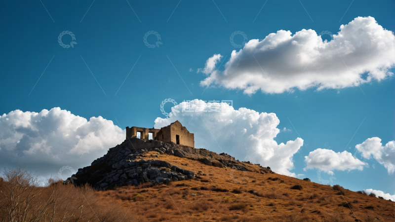 高清大图下载【趣麦麦图】山顶废墟与蓝天白云景观