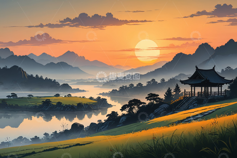 高清大图下载【趣麦麦图】夕阳下中式山水田园景观