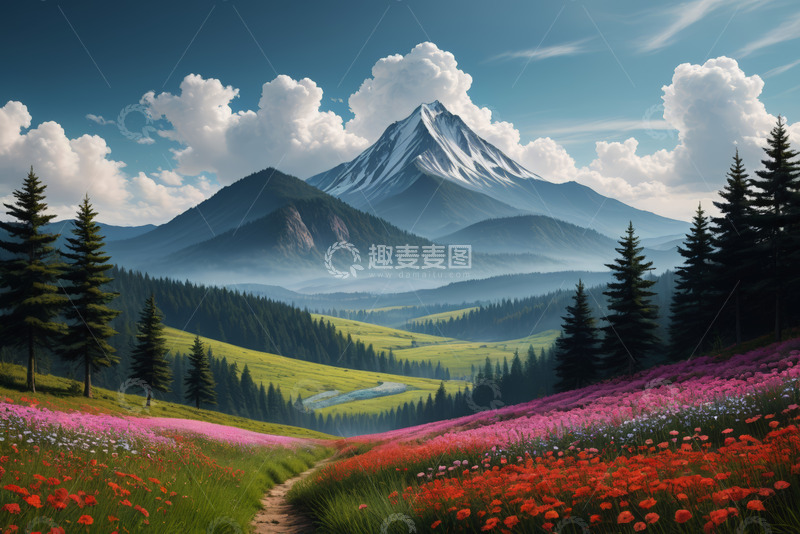 高清大图下载【趣麦麦图】山间花海与森林风景