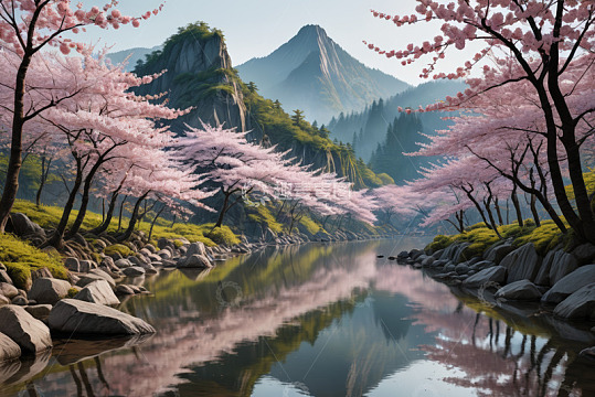 山间河畔盛开的粉色樱花