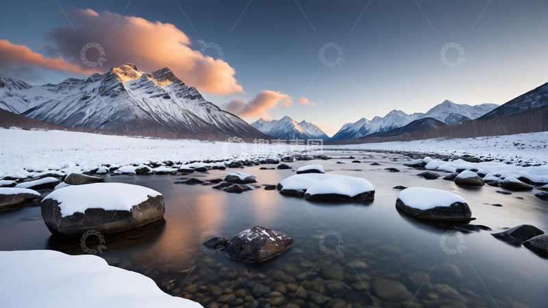 高清大图下载【趣麦麦图】雪山下覆雪河流自然风光