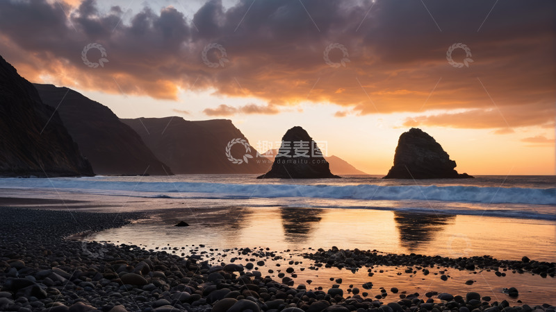 高清大图下载【趣麦麦图】海滩日落时的岩石与海浪景观