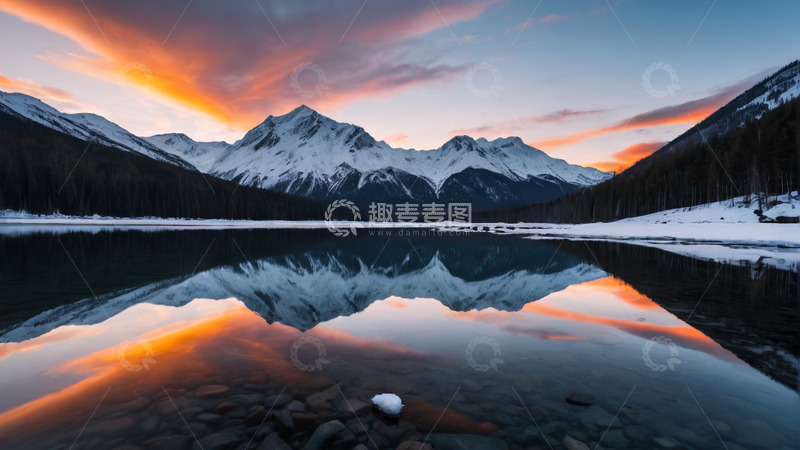 高清大图下载【趣麦麦图】雪山湖泊日出自然风光