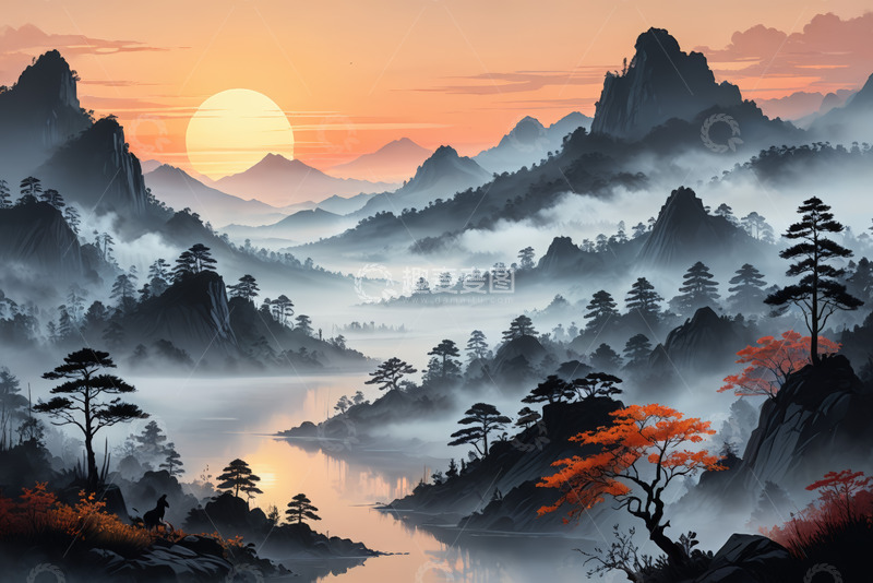 高清大图下载【趣麦麦图】中式山水夕阳风景