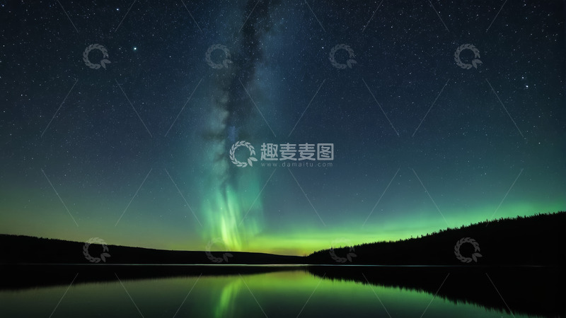 高清大图下载【趣麦麦图】湖面上方的极光与星空景观
