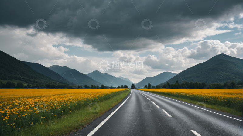 高清大图下载【趣麦麦图】山间公路旁的黄色花田风景