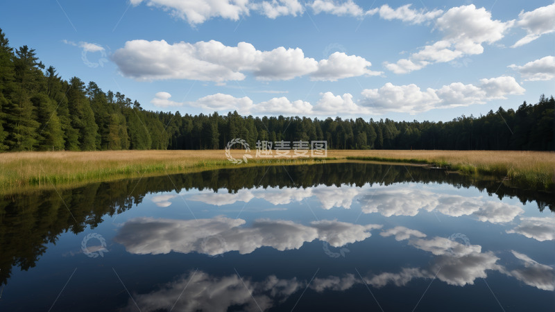 高清大图下载【趣麦麦图】森林旁平静湖面与天空倒影
