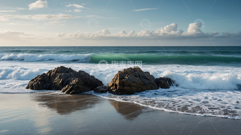 高清大图下载【趣麦麦图】海浪拍打海滩岩石景观