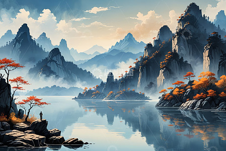 山水间人物观景自然风光画面