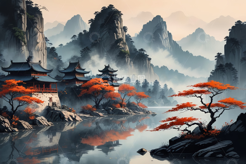 高清大图下载【趣麦麦图】古风山水中式建筑风景